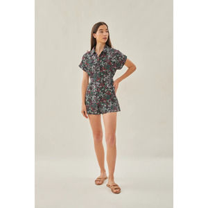 Relaxed Shirt Romper Floral Button Up Short Sleeve Collared Cotton Wild S